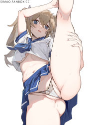 Rule 34 | 1girl, @ @, artist name, ass, barbara (genshin impact), blonde hair, blouse, blue eyes, blue neckerchief, blush, bow, bow panties, breasts, cameltoe, cleft of venus, eyes visible through hair, fanbox username, female pubic hair, genshin impact, gluteal fold, hair between eyes, hair ribbon, highres, kneepits, long hair, looking at viewer, medium breasts, midriff, navel, neckerchief, open mouth, panties, partially visible vulva, pubic hair, pussy juice, pussy juice drip, pussy juice trail, ribbon, school uniform, serafuku, shirt, simao (x x36131422), simple background, skindentation, solo, split, standing, standing on one leg, standing split, sweat, twintails, underboob, underwear, upshirt, white background, white ribbon, white shirt