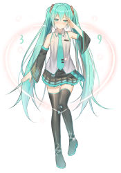 Rule 34 | 1girl, 5ya, aqua eyes, aqua hair, bad id, bad pixiv id, detached sleeves, hatsune miku, highres, long hair, looking at viewer, necktie, pleated skirt, salute, skirt, smile, solo, thighhighs, twintails, vocaloid, zettai ryouiki
