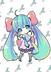 Rule 34 | 1girl, ahoge, blush, blush stickers, chibi, detached sleeves, green eyes, green hair, hatsune miku, head tilt, headphones, highres, kochipu, long hair, matching hair/eyes, necktie, pigeon-toed, skirt, sleeves past wrists, solo, spring onion, thighhighs, twintails, very long hair, vocaloid, white background