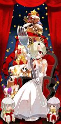 Rule 34 | 1girl, ayame hashinimasen, belt, cake, candle, chain, chair, crown, dress, elbow gloves, food, fork, fruit, gift, gloves, highres, hoshi syoko, idolmaster, idolmaster cinderella girls, kawaii boku to 142&#039;s (idolmaster), koshimizu sachiko, long dress, red eyes, shirasaka koume, short hair, skull, smile, solo, star (symbol), starry background, strawberry, stuffed toy, white dress, white footwear, zombie