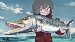 Rule 34 | 1girl, absurdres, animal, blush, cloud, day, fish, grey eyes, grey hair, highres, holding, holding animal, holding fish, jacket, lalah 7th, long sleeves, looking at viewer, ocean, open mouth, original, red jacket, sharp teeth, signature, sky, sweat, teeth, upper body, water