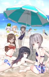 Rule 34 | &gt;:), &gt;:d, 10s, 6+girls, :d, absurdres, arare (kancolle), arashio (kancolle), asagumo (kancolle), asashio (kancolle), ass, bad id, bad twitter id, barefoot, beach, bikini, black hair, blue eyes, bow, breasts, brown eyes, brown hair, checkered bikini, checkered clothes, commentary request, day, double bun, floral print, food, from behind, fruit, grey hair, hair bow, hairband, highres, kantai collection, kasumi (kancolle), light brown hair, long hair, lying, michishio (kancolle), mitsudoue, multiple girls, navel, ocean, on stomach, one-piece swimsuit, ooshio (kancolle), open mouth, school swimsuit, seiza, side-tie bikini bottom, side ponytail, sideboob, sitting, small breasts, smile, swimsuit, tanning oil, topless, twintails, umbrella, v-shaped eyebrows, wariza, water gun, watermelon, yamagumo (kancolle)
