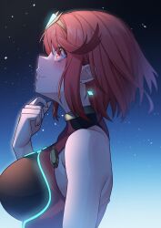 Rule 34 | 1girl, absurdres, armpit crease, bare shoulders, blush, breasts, chest jewel, closed mouth, earrings, gradient sky, hand up, highres, jewelry, large breasts, looking to the side, medium hair, night, night sky, one-piece swimsuit, outdoors, pyra (pro swimmer) (xenoblade), pyra (xenoblade), red eyes, red hair, red one-piece swimsuit, sidelocks, sky, slope (check238), solo, star (sky), starry sky, stud earrings, swept bangs, swimsuit, tiara, upper body, xenoblade chronicles (series), xenoblade chronicles 2