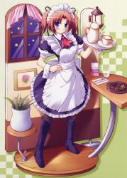 Rule 34 | 1girl, boots, cup, diorama, faux figurine, female focus, food, fork, full body, glass, highres, knee boots, knife, ko~cha, looking at viewer, maid, maid headdress, pantyhose, red hair, solo, standing, tray, twintails, vase, window