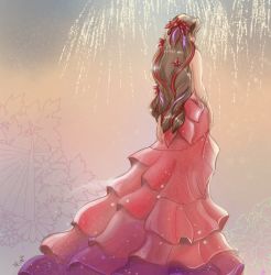 Rule 34 | 1girl, aerith gainsborough, armlet, back bow, backless dress, backless outfit, bare shoulders, bow, brown hair, dress, facing away, final fantasy, final fantasy vii, final fantasy vii remake, fireworks, flower, from behind, full body, hair flower, hair ornament, hair ribbon, highres, long dress, long hair, official alternate costume, red dress, red flower, red ribbon, ribbon, solo, square enix, wall market, wavy hair
