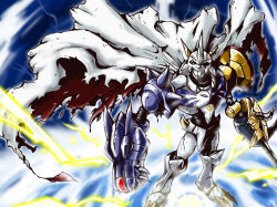 Rule 34 | blue eyes, cape, damaged, digimon, digimon (creature), fusion, horns, omegamon, solo, spikes, sword, weapon