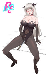 Rule 34 | 1girl, absurdres, artist request, breasts, cleavage, corpse, death, elbow gloves, gloves, highres, long hair, open mouth, original, red eyes, rolling eyes, silver hair, solo, sword, tongue, tongue out, weapon