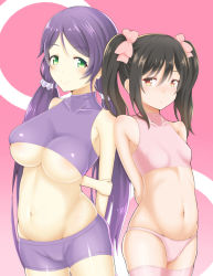 Rule 34 | 10s, 2girls, :t, areola slip, arms behind back, bad id, bad pixiv id, bare shoulders, bike shorts, breasts, brown hair, c:, cameltoe, collarbone, green eyes, hair ribbon, holding own arm, large breasts, long hair, looking at another, love live!, love live! school idol project, midriff, multiple girls, navel, orange eyes, panties, pink background, pink legwear, pink panties, purple hair, ribbon, shirt, short hair, short twintails, shorts, skindentation, small breasts, smile, taut clothes, taut shirt, thighhighs, tojo nozomi, twintails, underboob, underwear, underwear only, yazawa nico, zukky