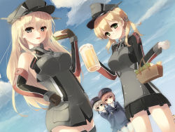 Rule 34 | 10s, 5girls, :o, alcohol, anchor hair ornament, aqua eyes, bare shoulders, basket, beer, beer mug, beret, bismarck (kancolle), blonde hair, blue eyes, blush, breasts, brown eyes, brown hair, clothes writing, cloud, cowboy shot, cross, cup, day, detached sleeves, dress, dutch angle, female focus, food, gengetsu chihiro, green eyes, hair ornament, hand on own hip, hat, highres, i-8 (kancolle), iron cross, kantai collection, large breasts, long hair, looking at viewer, low twintails, medium breasts, microskirt, mug, multiple girls, open mouth, peaked cap, prinz eugen (kancolle), sailor dress, sailor hat, sandwich, short hair, silver hair, skirt, sky, smile, twintails, z1 leberecht maass (kancolle), z3 max schultz (kancolle)