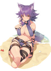 Rule 34 | 1girl, absurdres, animal ear fluff, animal ears, arm strap, belt, bikini, blush, breasts, halterneck, highres, large breasts, looking at viewer, makoto (princess connect!), makoto (summer) (princess connect!), medium hair, navel, princess connect!, purple bikini, purple hair, sgt-jz, sidelocks, solo, swimsuit, tail, thigh belt, thigh strap, thighs, wolf ears, wolf girl, wolf tail, yellow eyes