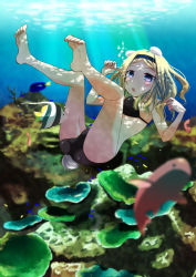 Rule 34 | 10s, 1girl, air bubble, aleksandra i. pokryshkin, barefoot, bikini, blonde hair, blurry, brave witches, breath, bubble, coral, dappled sunlight, day, depth of field, fish, freediving, full body, highres, holding breath, long hair, open mouth, solo, strike witches, sunlight, suomio, swimming, swimsuit, toe scrunch, toes, underwater, water, world witches series