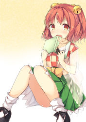 Rule 34 | 1girl, amemiya ruki, bell, blush, book, checkered clothes, checkered kimono, hair bell, hair ornament, japanese clothes, jingle bell, kimono, long sleeves, looking at viewer, motoori kosuzu, open mouth, red eyes, red hair, see-through, short hair, socks, touhou, twintails, two side up, white socks