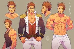Rule 34 | 1boy, abs, alternate costume, bara, beard, blue eyes, brown hair, character name, collage, epaulettes, facial hair, fate/grand order, fate (series), large pectorals, long sideburns, long sleeves, looking at viewer, male focus, muscular, napoleon bonaparte (fate), nipples, pants, pectorals, portrait, scar, sideburns, simple background, smile, solo, tank top, thighs, topless male, uniform, xelgot