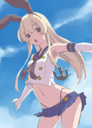 Rule 34 | 10s, 1girl, anchor, black panties, blonde hair, clothes lift, crop top, crop top overhang, day, elbow gloves, errant, gloves, kantai collection, long hair, midriff, miniskirt, navel, outstretched arms, panties, personification, shimakaze (kancolle), skirt, skirt lift, solo, underwear, white gloves, wind, wind lift