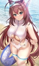 Rule 34 | 1girl, :o, ahoge, animal ears, beach, blue eyes, blush, breasts, brown hair, fukuda shuushi, hairband, highres, horse ears, horse girl, horse tail, large breasts, long hair, looking at viewer, mihono bourbon (umamusume), navel, o-ring, o-ring swimsuit, ocean, one-piece swimsuit, sand, standing, summer, swimsuit, tail, thigh strap, umamusume, underboob, white hairband, white one-piece swimsuit, zipper