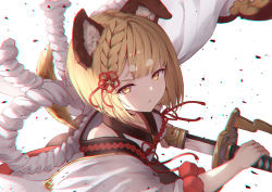 Rule 34 | 1girl, animal ears, blonde hair, commentary request, dog ears, dog girl, erune, granblue fantasy, hair ornament, highres, holding, holding sword, holding weapon, katana, kimblee, looking at viewer, rope, shimenawa, simple background, solo, sword, upper body, vajra (granblue fantasy), weapon, white background, yellow eyes