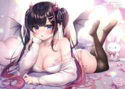 Rule 34 | 1girl, :o, absurdres, black hair, black thighhighs, blurry, blurry background, blush, bow, bra, breasts, candy, candy wrapper, cleavage, collar, demon girl, demon horns, demon wings, depth of field, diagonal stripes, fang, food, frilled pillow, frills, full body, gradient hair, grey wings, heart, heart-shaped pillow, highres, holding, holding candy, holding food, holding lollipop, horns, legs up, lollipop, long sleeves, looking at viewer, lying, medium breasts, mitsuba choco, multicolored hair, off-shoulder shirt, off shoulder, on stomach, open mouth, original, panties, pennant, pillow, pink bra, pink panties, polka dot, purple eyes, red hair, shirt, side-tie panties, sleeves past wrists, soles, solo, strap slip, streaked hair, string of flags, striped, striped bow, stuffed animal, stuffed rabbit, stuffed toy, swirl lollipop, thighhighs, translation request, twintails, twitter username, underwear, white collar, white shirt, wings