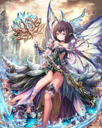 Rule 34 | 1girl, ahoge, anklet, barefoot, black neckwear, brown eyes, brown hair, brown sky, clothing cutout, cloud, dress, fairy wings, h2o (dfo), holding, holding staff, jewelry, looking at viewer, original, outdoors, pointy ears, side cutout, solo, staff, standing, standing on one leg, tower, wings