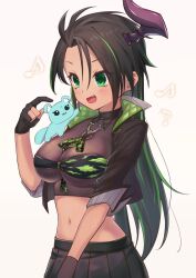 Rule 34 | 1girl, :d, animal, aragami oga, bandeau, between breasts, black bandeau, black choker, black gloves, black hair, black jacket, black skirt, breasts, brown shirt, camouflage, character request, choker, crop top, cropped jacket, fang, genderswap, genderswap (mtf), gloves, green eyes, green hair, green jacket, highres, holostars, horns, jacket, large breasts, long hair, midriff, miniskirt, multicolored hair, n@o (nao), navel, open clothes, open jacket, open mouth, parted bangs, partially fingerless gloves, pleated skirt, revealing clothes, see-through, shirt, simple background, single horn, skirt, smile, solo, stomach, streaked hair, very long hair, virtual youtuber, white background