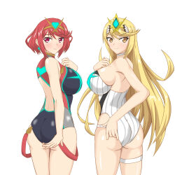 2girls ass bikini blonde_hair hata_(pixiv10403940) highres multiple_girls mythra mythra_(xenoblade) nintendo one-piece_bikini pin_up pyra pyra_(xenoblade) red_eyes red_hair swimsuit xenoblade_chronicles_(series) xenoblade_chronicles_2 yellow_eyes