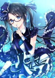 Rule 34 | 1girl, black hair, blue dress, blue eyes, blue theme, blush, bow, breasts, dress, finger to mouth, floating clothes, floating hair, frills, glasses, hair ornament, hat, highres, hiiragi kei, idolmaster, idolmaster shiny colors, long hair, looking at viewer, medium breasts, mitsumine yuika, sidelocks, skirt, sleeveless, smile, solo, twintails