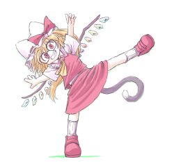 Rule 34 | 1girl, animal ears, aokukou, blonde hair, bow, breasts, cat ears, cat tail, collared shirt, crystal, flandre scarlet, frilled shirt collar, frills, full body, hat, hat bow, looking at viewer, medium hair, mob cap, multicolored wings, open mouth, outstretched arms, red bow, red eyes, red footwear, red ribbon, red skirt, red vest, ribbon, ribbon-trimmed headwear, ribbon trim, shirt, shoes, simple background, skirt, small breasts, socks, solo, spread arms, tail, teeth, touhou, vest, white background, white hat, white shirt, white socks, wings, yellow eyes