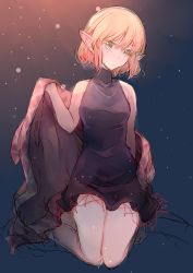 Rule 34 | 1girl, alternate costume, atoki, blonde hair, blush, colorized, dress, green eyes, highres, kneeling, legs together, light particles, looking at viewer, md5 mismatch, mizuhashi parsee, pointy ears, resized, short hair, simple background, sketch, sleeveless, solo, touhou, turtleneck