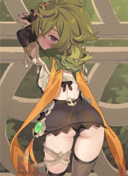 Rule 34 | 1girl, ass, asymmetrical legwear, back, bent over, black gloves, black panties, blade (galaxist), blush, bridal gauntlets, brown thighhighs, capelet, collei (genshin impact), commentary, crossed bangs, from above, from behind, genshin impact, gloves, green capelet, green hair, highres, looking at viewer, looking back, open mouth, panties, parted lips, purple eyes, scarf, short hair, solo, thighhighs, thighlet, thighs, underwear, uneven legwear, vision (genshin impact)