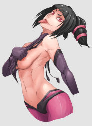 Rule 34 | 1girl, :p, areola slip, bad deviantart id, bad id, bankage, bare shoulders, black hair, breasts, chinese clothes, cowboy shot, drill hair, dudou, elbow gloves, gloves, halterneck, han juri, looking at viewer, naughty face, navel, purple eyes, short twintails, sideboob, solo, street fighter, street fighter iv (series), tongue, tongue out, twin drills, twintails