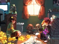 Rule 34 | 10s, 2016, androgynous, artist name, bed, bedroom, brown hair, cellphone, chair, chara (undertale), closed eyes, collared shirt, curtains, desk, desk lamp, flower, flowey (undertale), frisk (undertale), from side, gender request, hair ornament, hairclip, houdi, indian style, indoors, interior, lamp, monitor, over-kneehighs, phone, photo album, plant, poster (object), potted plant, profile, red eyes, room, shirt, shorts, sitting, smartphone, spoilers, striped clothes, striped sweater, stuffed animal, stuffed toy, sunlight, sweater, tears, thighhighs, trash can, undertale, watermark, web address, window, window shadow, windowsill