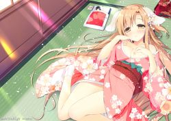 Rule 34 | animal ears, asuna (sao), bare shoulders, black hair, blush, breasts, brown eyes, cleavage, closed eyes, collarbone, commentary request, dog ears, floral print, flower, futon, hair between eyes, hair flower, hair ornament, head tilt, indoors, japanese clothes, kemonomimi mode, kimono, large breasts, light brown hair, long hair, long sleeves, looking at viewer, lying, mother and daughter, no panties, no shoes, obi, off shoulder, on back, parted lips, pink kimono, print kimono, sash, sleeping, socks, solo focus, sunlight, sword art online, tabi, tatami, tray, under covers, very long hair, watsuki ayamo, white flower, white socks, wide sleeves, yui (sao)