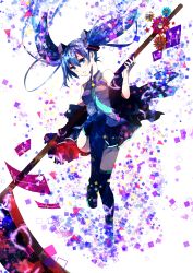 Rule 34 | 1girl, 39, absurdres, blue eyes, blue hair, boots, detached sleeves, floating hair, flower, hatsune miku, highres, hoshino kisora, matching hair/eyes, necktie, scythe, skirt, solo, thigh boots, thighhighs, twintails, vocaloid