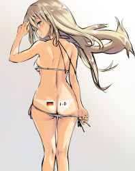 Rule 34 | 10s, 1girl, 2014 fifa world cup, arm up, ass, bare shoulders, bikini, bikini pull, bikini tan, bismarck (kancolle), blonde hair, blue eyes, breasts, clothes pull, from behind, german flag, germany, hair between eyes, iwasaki takashi, kantai collection, long hair, looking at viewer, looking back, pulled by self, side-tie bikini bottom, sideboob, simple background, smile, solo, standing, swimsuit, tan, tanline, white bikini, world cup