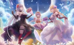 Rule 34 | 3girls, absurdres, ahoge, bare shoulders, black dress, blonde hair, blue eyes, blue sky, blush, bouquet, braid, breasts, cleavage, closed eyes, closed mouth, dress, elbow gloves, fate/apocrypha, fate/grand order, fate (series), flower, gloves, highres, huge filesize, jeanne d&#039;arc (fate), jeanne d&#039;arc (ruler) (fate), jeanne d&#039;arc alter (avenger) (fate), jeanne d&#039;arc alter (fate), jeanne d&#039;arc alter santa lily (fate), large breasts, long braid, long hair, looking at viewer, multiple girls, open mouth, penguintake, pink dress, revision, silver hair, single braid, sitting, sky, small breasts, smile, thighhighs, very long hair, white dress, yellow eyes
