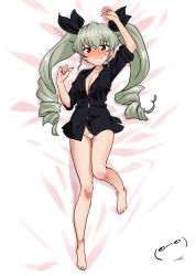 Rule 34 | 1girl, absurdres, anchovy (girls und panzer), arm up, bed sheet, black ribbon, black shirt, blush, breasts, brown eyes, cleavage, closed mouth, commentary, dakimakura (medium), drill hair, embarrassed, emoticon, from above, full body, girls und panzer, green hair, hair ribbon, highres, light frown, long hair, long sleeves, looking at viewer, lying, medium breasts, no bra, no pants, on back, on bed, one-hour drawing challenge, panties, ribbon, shiina excel, shirt, sleeves rolled up, solo, sweatdrop, thigh gap, twin drills, twintails, underwear, white panties