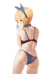 Rule 34 | 1girl, ass, back, black panties, blonde hair, blue hairband, butt crack, character request, closed mouth, commentary request, copyright request, grayfox, hairband, highres, looking at viewer, looking back, panties, profile, short hair, simple background, solo, standing, underwear, white background