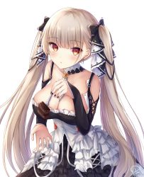 Rule 34 | 1girl, :o, absurdres, azur lane, between breasts, black dress, blonde hair, blunt bangs, breasts, cake, chocolate cake, cleavage, cowboy shot, dress, earrings, food, fork, formidable (azur lane), frilled dress, frills, hair ribbon, highres, jewelry, kiri celea, large breasts, long hair, looking at viewer, red eyes, religious offering, ribbon, simple background, solo, twintails, two-tone ribbon, very long hair, white background