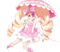 Rule 34 | 10s, 1girl, aki (mare desiderii), big hair, blonde hair, blue eyes, boots, bow, dress, drill hair, earrings, eyepatch, hair bow, harime nui, heart, highres, jewelry, kill la kill, long hair, pink bow, pink footwear, smile, solo, strapless, strapless dress, string, twin drills, twintails, umbrella, wrist cuffs