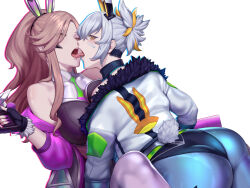 Rule 34 | absurdres, battle bunny miss fortune, battle bunny riven, commission, drooling, highres, kiss, kumiko shiba, league of legends, leaning back, leaning forward, looking at viewer, miss fortune (league of legends), one eye closed, pixiv commission, riven (league of legends), saliva, tongue, tongue out, white background, white hair