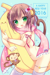 Rule 34 | 10s, 1girl, 2016, :d, animal ears, bad id, bad pixiv id, banana, blush, bracelet, breasts, brown hair, food, fruit, green eyes, hair ribbon, happy new year, hug, jewelry, kohinata hoshimi, monkey, monkey ears, monkey tail, naked scarf, navel, new year, nude, open mouth, original, ribbon, scarf, short hair, small breasts, smile, solo, stuffed banana, stuffed toy, tail, thighhighs, underboob