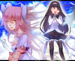 Rule 34 | 10s, 2girls, akemi homura, bad deviantart id, bad id, black hair, blue sky, bow, breasts, cleavage, cleavage cutout, clothing cutout, crying, day, feathers, hair bow, hairband, highres, kaname madoka, letterboxed, long hair, magical girl, mahou shoujo madoka magica, mahou shoujo madoka magica (anime), multiple girls, pantyhose, pink hair, skirt, sky, small breasts, spiked hair, tears, two side up, ultimate madoka, whither laws, yellow eyes