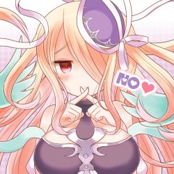 Rule 34 | 1girl, bad id, bad pixiv id, bare shoulders, blush, breasts, dress, fingers to mouth, hair over one eye, hat, hat ribbon, heart, large breasts, long hair, mashiro miru, no, pandora (p&amp;d), pink eyes, puzzle &amp; dragons, ribbon, smile, solo, very long hair, x fingers