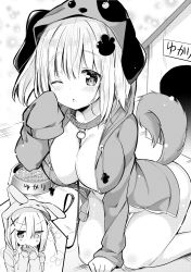 Rule 34 | 2girls, animal ears, animal hood, between breasts, blush, bowl, breasts, carrot, chibi, cleavage, coat, collar, collarbone, comic cune, dog ears, dog girl, dog hood, dog tail, doghouse, drawstring, eating, fake animal ears, food, greyscale, groin, hair between eyes, hair ornament, hairclip, hand up, hetero, heterochromia, highres, holding, holding food, hood, hood up, hooded jacket, jacket, kneeling, kurou (quadruple zero), large breasts, leash, long hair, long sleeves, monochrome, multiple girls, naked coat, one eye closed, open clothes, open jacket, original, parted lips, paw hair ornament, pet bowl, rabbit ears, rabbit hood, sleeves past wrists, tail, tail raised, translation request, x hair ornament