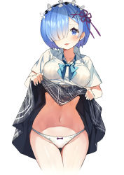 Rule 34 | 10s, 1girl, :3, absurdres, alternate costume, blue eyes, blue hair, bow, bow panties, bowtie, breasts, cameltoe, clothes lift, contemporary, cowboy shot, gaou (umaiyo puyoman), hair ornament, hair over one eye, hairband, highres, lifting own clothes, lolita hairband, looking at viewer, matching hair/eyes, medium breasts, naughty face, navel, open mouth, panties, plaid, plaid skirt, pussy, re:zero kara hajimeru isekai seikatsu, rem (re:zero), school uniform, short hair, simple background, skirt, skirt lift, smile, solo, thigh gap, underwear, white background, white panties, x hair ornament