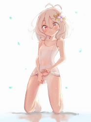 Rule 34 | 1girl, :3, absurdres, antenna hair, armpits, bare shoulders, barefoot, chocomoch, clothes lift, collarbone, covered erect nipples, elf, flower, hair between eyes, hair flower, hair ornament, hand under clothes, hand under swimsuit, highres, kneeling, kokkoro (princess connect!), looking at viewer, navel, one-piece swimsuit, pink eyes, pointy ears, princess connect!, reflection, school swimsuit, school swimsuit flap, see-through, short hair, silver hair, simple background, smile, solo, swimsuit, swimsuit lift, water, wet, wet clothes, wet swimsuit, white background, white one-piece swimsuit