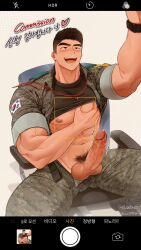 Rule 34 | 1boy, abs, bara, bare pectorals, black hair, black shirt, blush, camouflage, camouflage jacket, camouflage pants, clothes lift, commission, english text, erection, grabbing, green pants, highres, jacket, korean text, large pectorals, male focus, male pubic hair, muscular, muscular male, navel, nipples, open clothes, open jacket, open mouth, open pants, original, pants, pectoral grab, pectorals, penis, pubic hair, shirt, shirt lift, short hair, sitting, smile, solo, tenji (tenji 89), translation request, twitter username, watch, wristwatch