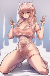 Rule 34 | 1girl, absurdres, arm strap, barefoot, blush, breasts, chroong, closed mouth, double v, highres, horns, kneeling, large breasts, long hair, one-piece swimsuit, original, pink hair, pink one-piece swimsuit, red eyes, simple background, solo, sweat, swimsuit, v, white horns
