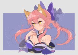 Rule 34 | 1girl, animal ears, bare shoulders, blue ribbon, blush, breasts, cleavage, closed mouth, commentary request, detached sleeves, fate/grand order, fate (series), fox ears, hair ribbon, japanese clothes, large breasts, long hair, pink hair, ribbon, solo, tamamo (fate), tamamo no mae (fate/extra), ueda ko, yellow eyes