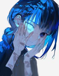 Rule 34 | 1girl, bandaid, bandaid on arm, bandaid on hand, blue eyes, blue hair, blue theme, blunt bangs, braid, closed mouth, expressionless, eyelashes, fingernails, glowing, glowing eye, hand on own face, hands on own face, heterochromia, highres, long eyelashes, looking at viewer, mizumi zumi, original, portrait, side braid, sidelocks, simple background, solo, wet, white background