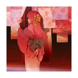Rule 34 | 1girl, arm behind back, blood, blood on clothes, blood on hands, border, chest of drawers, enbizaka no shitateya (vocaloid), feet out of frame, from behind, hair ornament, hand up, holding, holding scissors, japanese clothes, kimono, long hair, long sleeves, looking at viewer, looking back, megurine luka, noren, obi, off shoulder, painting (object), pink hair, pink kimono, pink theme, profile, red eyes, red hair, red kimono, red theme, sash, scissors, solo, spencer sais, standing, sudou kayo, vocaloid, wide sleeves